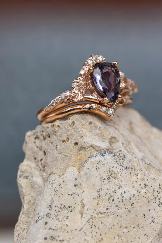 Men's Opal Engagement Rings in 10K Gold with a Milgrain - Trimmed BandTanzanite engagement ring set, gold leaves and diamonds proposal ring / Amelia