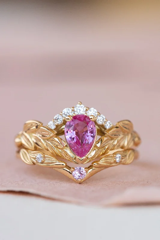 Men's Malachite Engagement Rings in 14K Gold with a Carved Stone CenterpieceGenuine pink sapphire engagement ring set, gold palm leaves bridal ring set / Palmira Crown