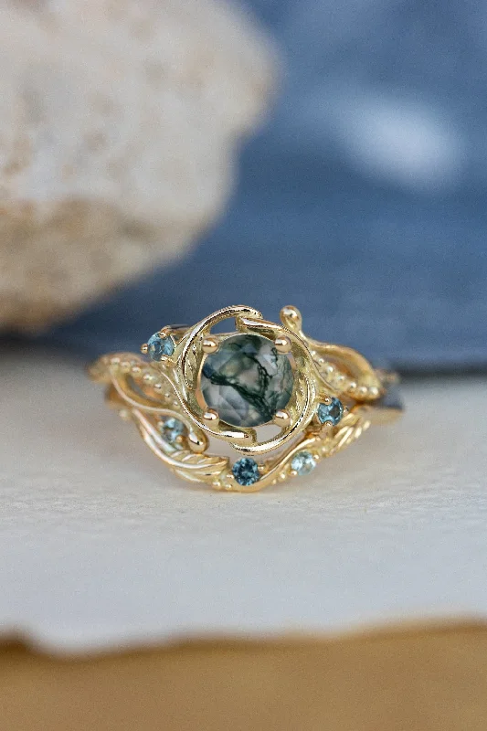 Men's Topaz Engagement Rings in 10K Gold with a Channel - Set Diamond Band1 carat moss agate and accent teal sapphires engagement ring set, nature inspired bridal ring set / Undina