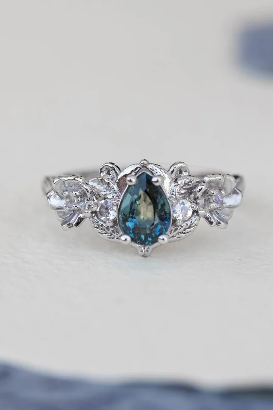Men's Turquoise Engagement Rings in 925 Silver with a Southwestern - Inspired BandTeal sapphire and accent moonstones engagement ring, floral baroque style ring / Adelina