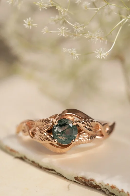 Men's Topaz Engagement Rings in 10K Gold with a Channel - Set Diamond BandREADY TO SHIP: Azalea ring in 14K rose gold, natural moss agate round cut 5 mm, AVAILABLE RING SIZES: 3.25 - 9.5 US