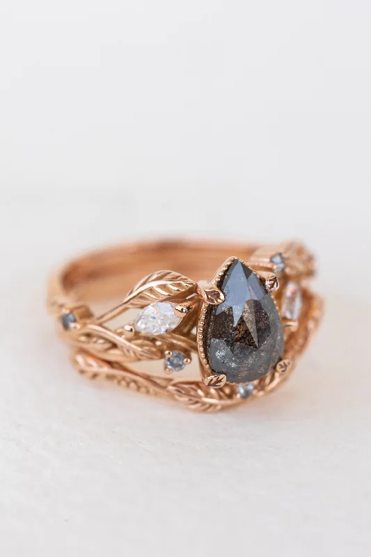 Men's Garnet Engagement Rings in 18K Gold Vermeil with Intricate Engraved DetailsREADY TO SHIP: Exclusive Patricia pear cut salt & pepper diamond ring set in rose gold, AVAILABLE RING SIZES: 3 - 5.5 US