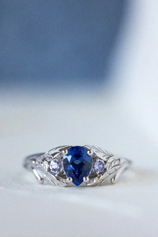 Men's Aquamarine Engagement Rings in 9K Gold with a Bezel - Set StoneEthical sapphire engagement ring, gold nature themed ring with side natural tanzanites / Wisteria