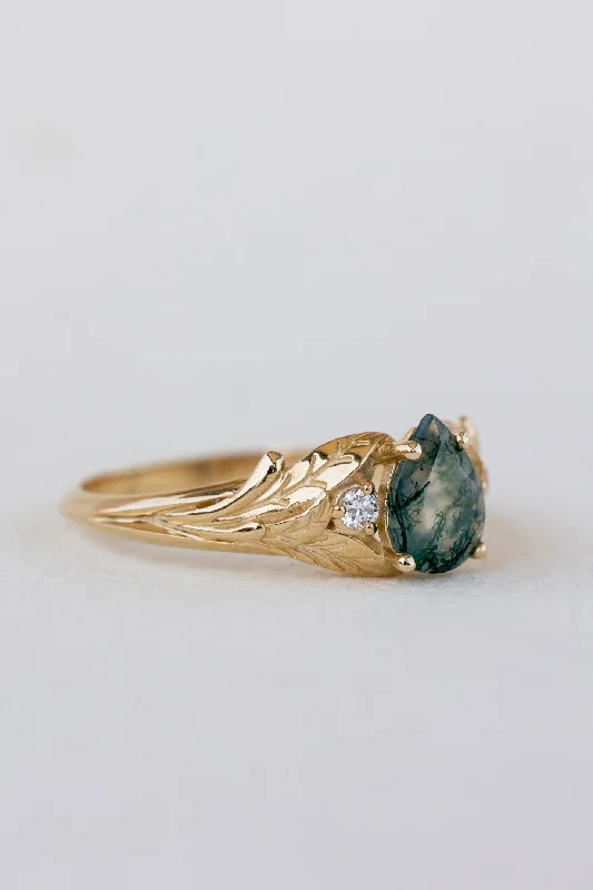 Men's Peridot Engagement Rings in 14K Gold - Filled Metal with a Micro - Pave SettingREADY TO SHIP: Wisteria ring in 18K yellow gold, pear moss agate, accents lab grown diamonds, RING SIZE: 5.75 - 8.75 US