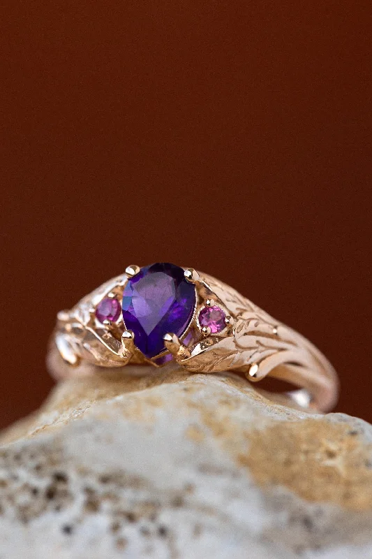 Men's Turquoise Engagement Rings in 925 Silver with a Southwestern - Inspired BandPear amethyst engagement ring, gold leaf ring with pink tourmalines / Wisteria