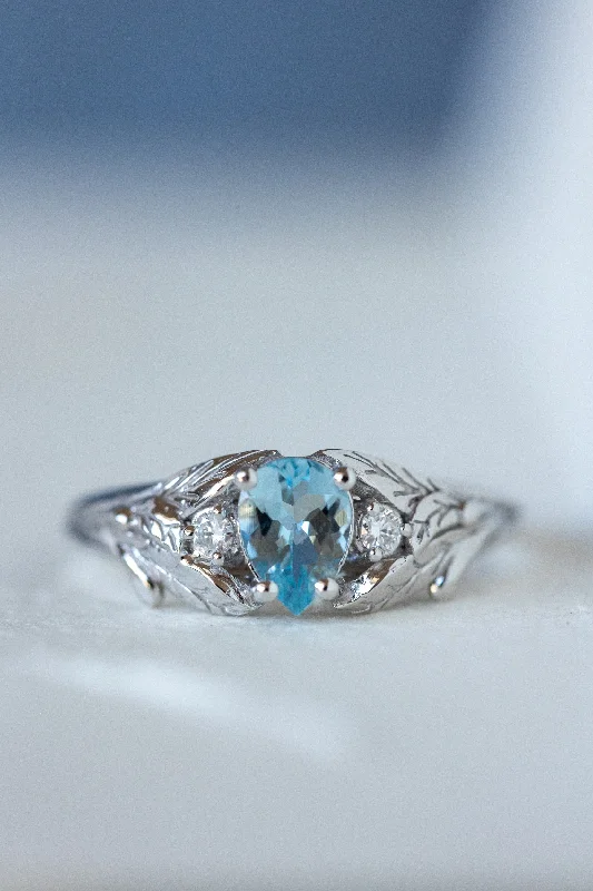 Men's Agate Engagement Rings in Sterling Silver with a Mosaic - Style InlayNatural aquamarine engagement ring with side diamonds / Wisteria