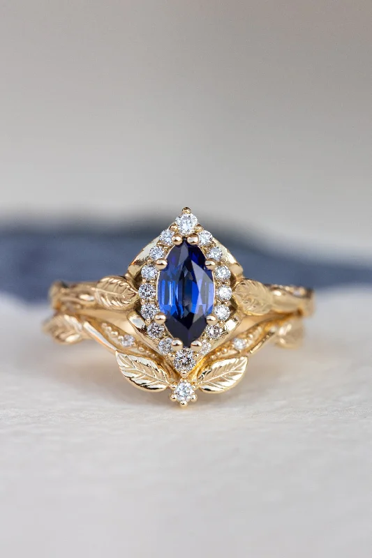 Men's Amethyst Engagement Rings in Sterling Silver with a Contemporary Geometric SettingMarquise cut sapphire engagement ring set, nature inspired bridal ring set with diamond halo / Florentina