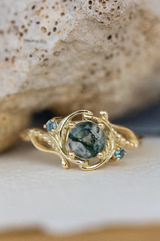 Men's Citrine Engagement Rings in Stainless Steel with a Stackable Band DesignRound moss agate engagement ring with accent sapphires, nature themed proposal ring with diamonds  / Undina