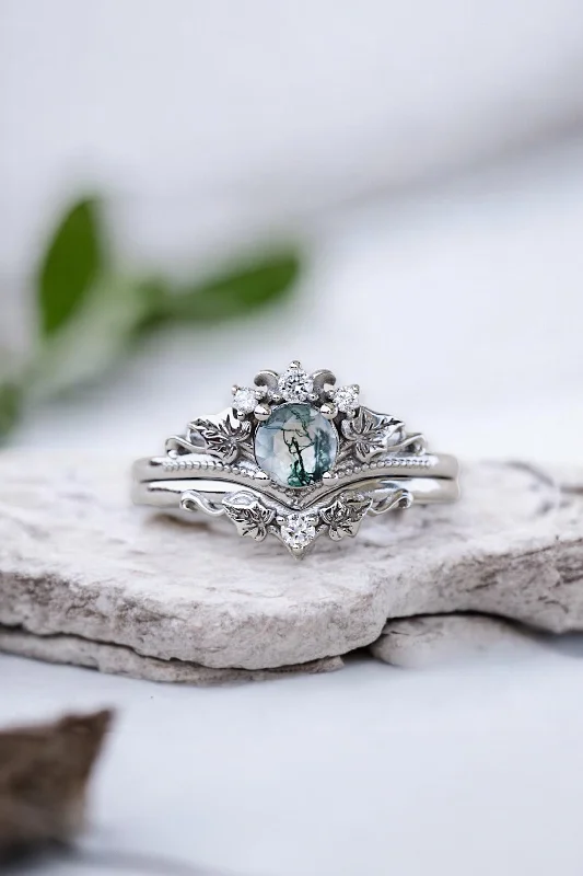 Men's Emerald Engagement Rings with 14K Yellow Gold and Vintage - Style FiligreeREADY TO SHIP: Ariadne bridal ring set in 14K white gold, natural moss agate 5 mm, accent lab grown diamonds, AVAILABLE RING SIZES: 5.5 - 11 US
