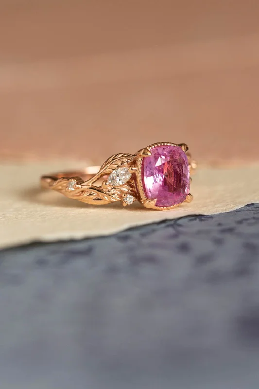 Men's Ruby Engagement Rings in Rose Gold with a Solitaire Design for a Romantic GestureGenuine pink sapphire branch engagement ring, gold leaves and diamonds proposal ring / Patricia Men's Ruby Engagement Rings in Rose Gold with a Solitaire Design for a Romantic GestureGenuine pink sapphire branch engagement ring, gold leaves and diamonds proposal ring / Patricia