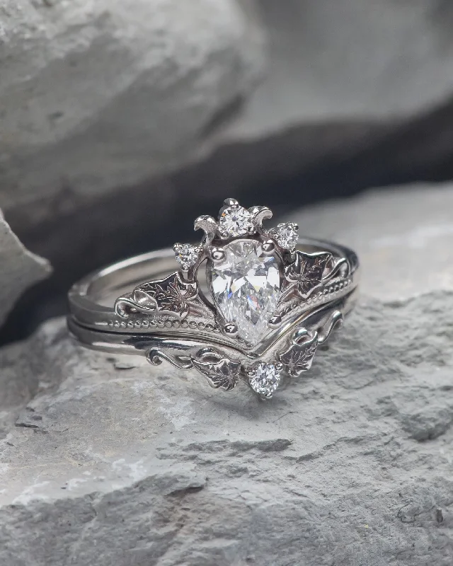Men's Malachite Engagement Rings in 14K Gold with a Carved Stone CenterpieceREADY TO SHIP: Ariadne bridal set in 14K white gold, pear cut lab grown diamond 7x5 mm, accents lab grown diamonds, RING SIZE: 5.5 - 8.5 US US