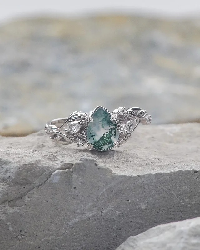 Men's Malachite Engagement Rings in 14K Gold with a Carved Stone CenterpieceREADY TO SHIP: Patricia ring in 14K or 18K white gold, natural moss agate pear cut 8x6 mm, accent lab grown diamonds, AVAILABLE RING SIZES: 4.5 - 9.5 US