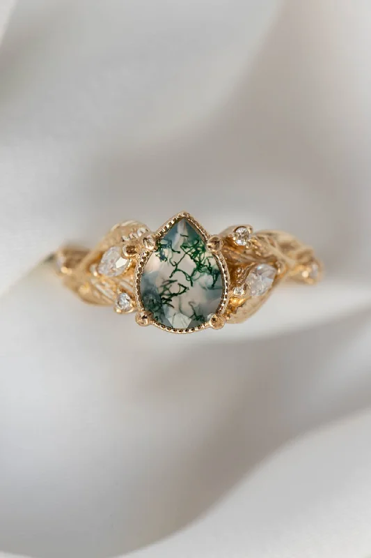 Men's Agate Engagement Rings in Sterling Silver with a Mosaic - Style InlayREADY TO SHIP: Patricia ring in 14K or 18K yellow gold, natural moss agate pear cut 8x6 mm, accent moissanites, AVAILABLE RING SIZES: 4 - 10 US