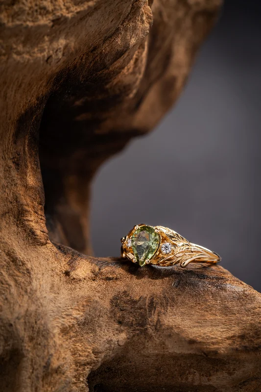 Men's Alexandrite Engagement Rings in Platinum with a Hidden Halo of DiamondsGold leaf ring with one-of-kind rutilated green peridot and diamonds / Wisteria