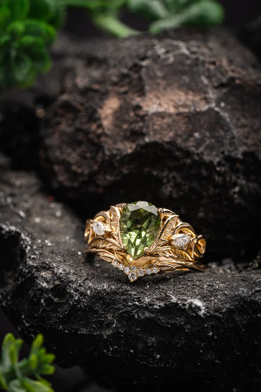 Men's Black Onyx Engagement Rings Set in Titanium for a Modern and Bold LookMagical peridot engagement ring set with a wedding band for a druid bride / Ikar