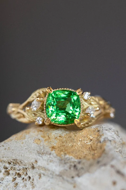 Men's Peridot Engagement Rings in 14K Gold - Filled Metal with a Micro - Pave SettingTsavorite garnet engagement ring, gold ring with leaves and diamonds / Patricia