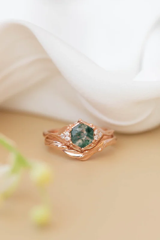 Men's Lapis Lazuli Engagement Rings in Sterling Silver with a Star - Shaped Stone SettingMoss agate bridal ring set, nature inspired engagement ring set with diamonds / Roma