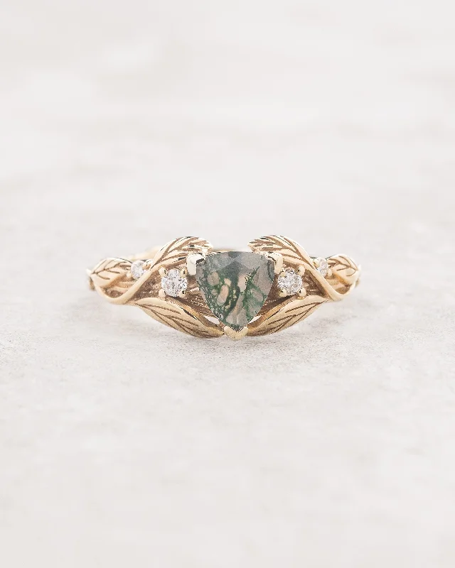 Men's Topaz Engagement Rings in 10K Gold with a Channel - Set Diamond BandTrillion moss agate engagement ring, gold leaves and diamonds ring / Clematis Men's Topaz Engagement Rings in 10K Gold with a Channel - Set Diamond BandTrillion moss agate engagement ring, gold leaves and diamonds ring / Clematis