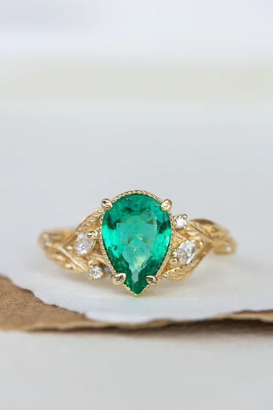 Men's Sapphire Engagement Rings in 18K White Gold with Pave Diamond AccentsBig pear natural emerald engagement ring, gold nature inspired promise ring / Patricia