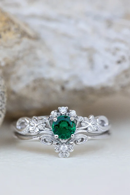 Men's Alexandrite Engagement Rings in Platinum with a Hidden Halo of DiamondsLab emerald engagement ring set, white gold clover leaves bridal ring set / Horta