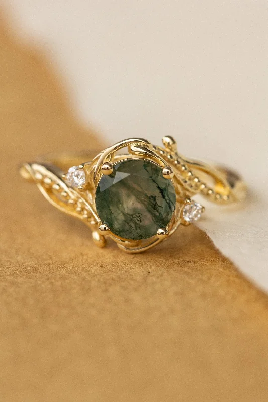 Men's Diamond Engagement Rings with Platinum Band and Halo Setting for a Luxury ProposalRound moss agate engagement ring with accent diamonds, nature themed proposal ring with diamonds  / Undina