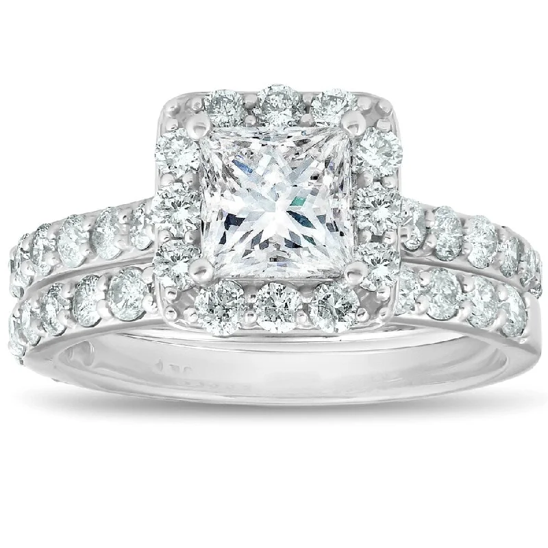 Engagement Rings with Sapphire and Diamond Combinations in a Vintage Style14k White Gold 2 1/2ct TDW Clarity Enhanced Diamond Princess-cut Halo Bridal Set