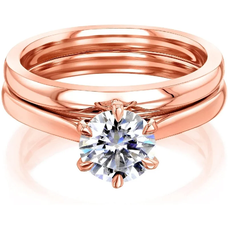 Engagement Rings with Sapphire and Diamond Combinations in a Vintage StyleAnnello by Kobelli 14k Gold Forever One Moissanite 6-Prong Solitaire Bridal Set (DEF/VS)