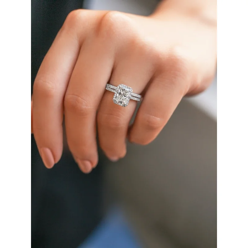 Cushion - Cut Halo Engagement Rings with a Platinum Band and Micro - Pave DetailsAnnello by Kobelli 14k Gold Rhona Forever One Moissanite Bridal Set (DEF/VS, DEF/VS)