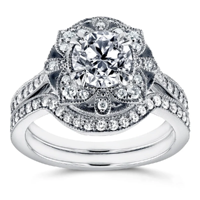 Classic Round Cut Engagement Rings with Platinum Prongs and Halo Setting for Timeless EleganceAnnello by Kobelli 14k White Gold 1 1/2ct TDW Diamond 2-Piece Floral Antique Bridal Set