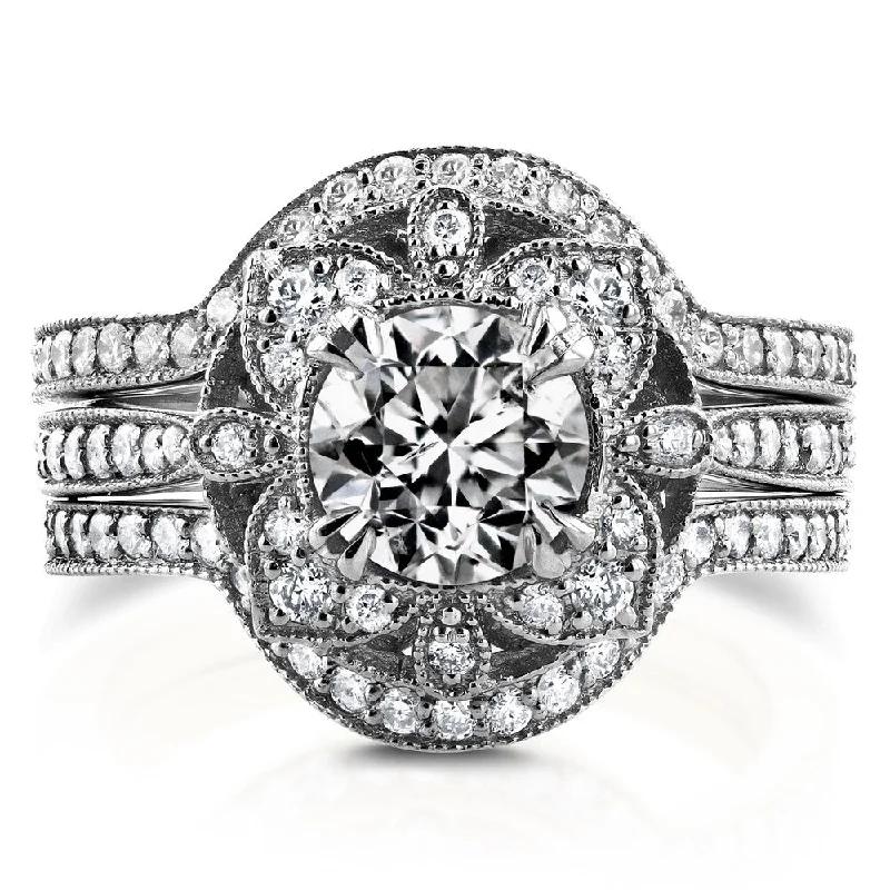 Emerald Cut Engagement Rings with Platinum Gallery and Split Shank DesignAnnello by Kobelli 14k White Gold 1 5/8ct TDW Diamond 3-Piece Floral Antique Bridal Set