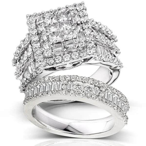 Vintage - Inspired Engagement Rings with Filigree Work and Emerald - Cut Center StoneAnnello by Kobelli 14k White Gold 2 5/8ct TDW Diamond Cluster Square Halo Bridal Set