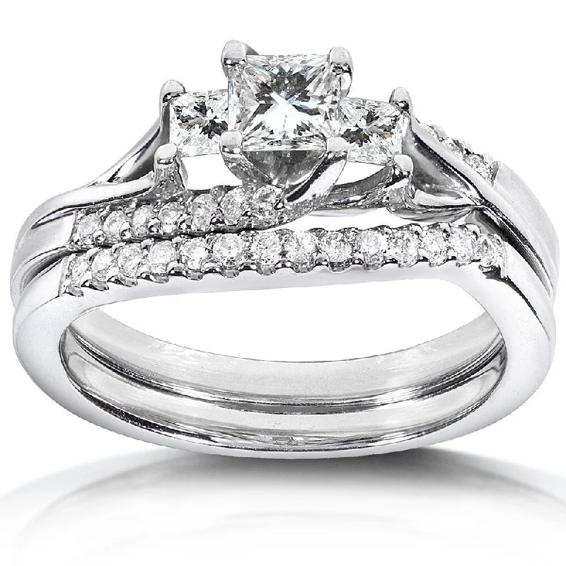 Classic Round Cut Engagement Rings with Platinum Prongs and Halo Setting for Timeless EleganceAnnello by Kobelli 14k White Gold 3/4ct TDW 3-Stone Princess Diamond Bridal Rings Set