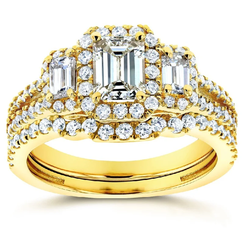 Cluster Engagement Rings with Multiple Small Diamonds Arranged in a Stunning DesignAnnello by Kobelli 14k Yellow Gold 1 1/2ct TDW Three Stone Emerald Shape Diamond Bridal Rings Set