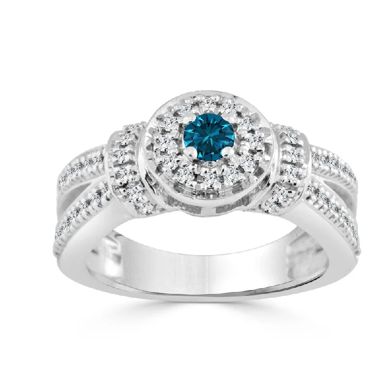 Cushion - Cut Halo Engagement Rings with a Platinum Band and Micro - Pave DetailsAuriya Contemporary 1/2ctw Halo Blue Diamond Engagement Ring 14K Gold