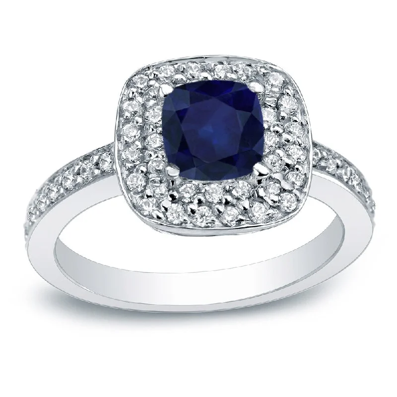 Cathedral - Style Engagement Rings with a Raised Center Stone and Intricate MetalworkAuriya Platinum 3/4ct Cushion Blue Sapphire and 3/4ctw Halo Diamond Engagement Ring Cathedral - Style Engagement Rings with a Raised Center Stone and Intricate MetalworkAuriya Platinum 3/4ct Cushion Blue Sapphire and 3/4ctw Halo Diamond Engagement Ring