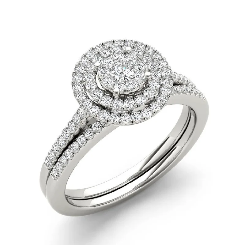 Pear - Shaped Engagement Rings in Yellow Gold with a Diamond - Encrusted BandDe Couer 1/3ct TDW Cluster Halo Bridal Set Pear - Shaped Engagement Rings in Yellow Gold with a Diamond - Encrusted BandDe Couer 1/3ct TDW Cluster Halo Bridal Set