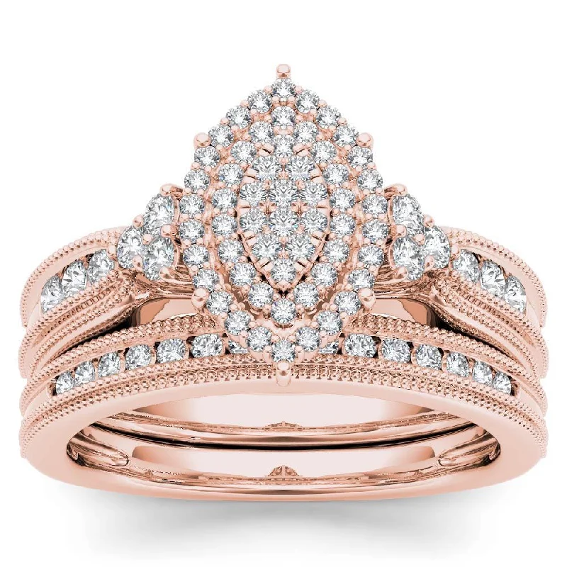 Emerald Cut Engagement Rings with Platinum Gallery and Split Shank DesignDe Couer 14k Rose Gold 1/2ct TDW Diamond Cluster Halo Bridal Set - Pink Emerald Cut Engagement Rings with Platinum Gallery and Split Shank DesignDe Couer 14k Rose Gold 1/2ct TDW Diamond Cluster Halo Bridal Set - Pink