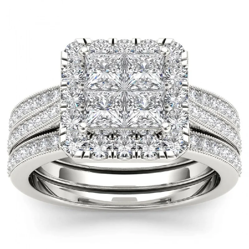 Vintage Cluster Engagement Rings with Antique - Cut Diamonds and Silver FiligreeDe Couer 14k White Gold 1 1/2ct TDW Diamond Halo Bridal Set - White H-I