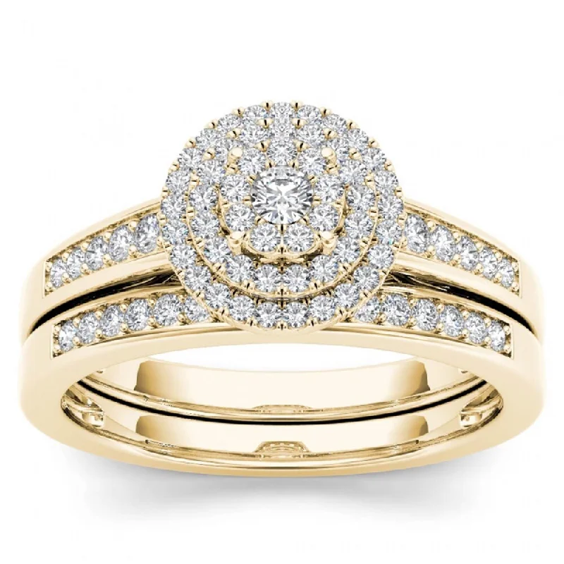 Cushion - Cut Halo Engagement Rings with a Platinum Band and Micro - Pave DetailsDe Couer 14k Yellow Gold 1/3ct TDW Diamond Cluster Halo Bridal Set Cushion - Cut Halo Engagement Rings with a Platinum Band and Micro - Pave DetailsDe Couer 14k Yellow Gold 1/3ct TDW Diamond Cluster Halo Bridal Set