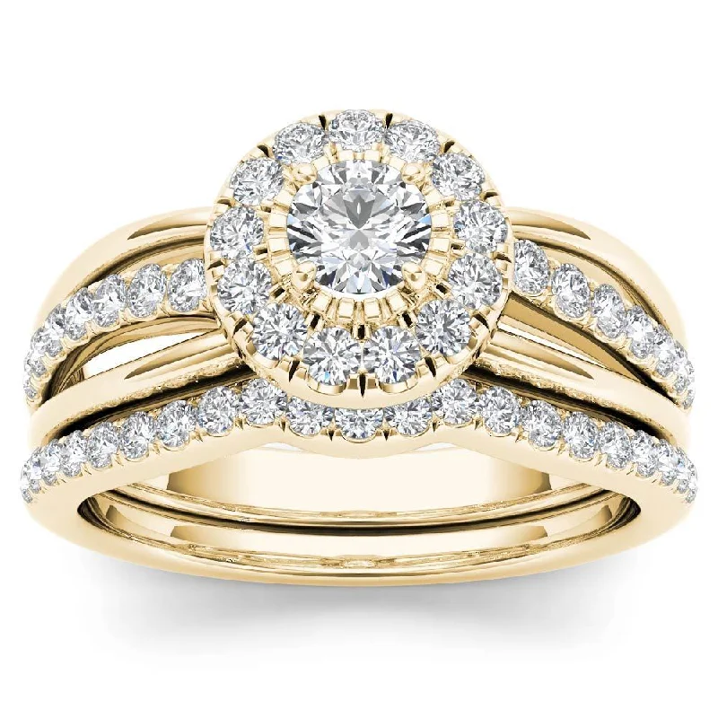 Marquise Cut Engagement Rings with a Channel - Set Diamond BandDe Couer 14k Yellow Gold 3/4ct TDW Diamond Halo Bridal Set Marquise Cut Engagement Rings with a Channel - Set Diamond BandDe Couer 14k Yellow Gold 3/4ct TDW Diamond Halo Bridal Set