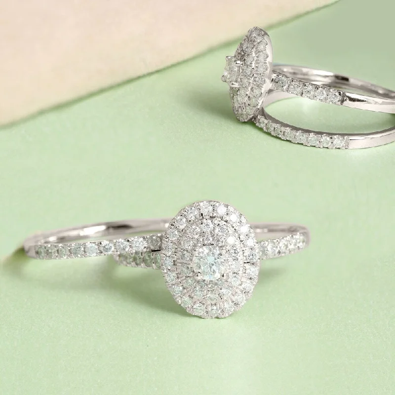 Marquise Cut Engagement Rings with a Channel - Set Diamond BandDe Couer 1ct TDW Diamond Oval Shape Halo Bridal Set in 14k White Gold