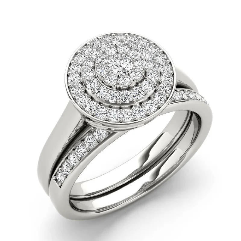 Emerald Cut Engagement Rings with Platinum Gallery and Split Shank DesignDe Couer IGI Certified 10k White Gold 1/4ct TDW Cluster Halo Bridal Set - White H-I Emerald Cut Engagement Rings with Platinum Gallery and Split Shank DesignDe Couer IGI Certified 10k White Gold 1/4ct TDW Cluster Halo Bridal Set - White H-I