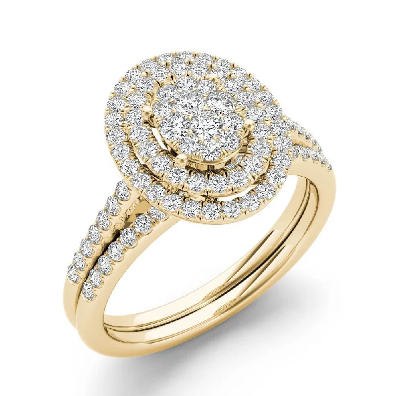 Pear - Shaped Engagement Rings in Yellow Gold with a Diamond - Encrusted BandDe Couer IGI Certified 10k Yellow Gold 1/2ct TDW Oval Shaped Cluster Halo Bridal Set Pear - Shaped Engagement Rings in Yellow Gold with a Diamond - Encrusted BandDe Couer IGI Certified 10k Yellow Gold 1/2ct TDW Oval Shaped Cluster Halo Bridal Set