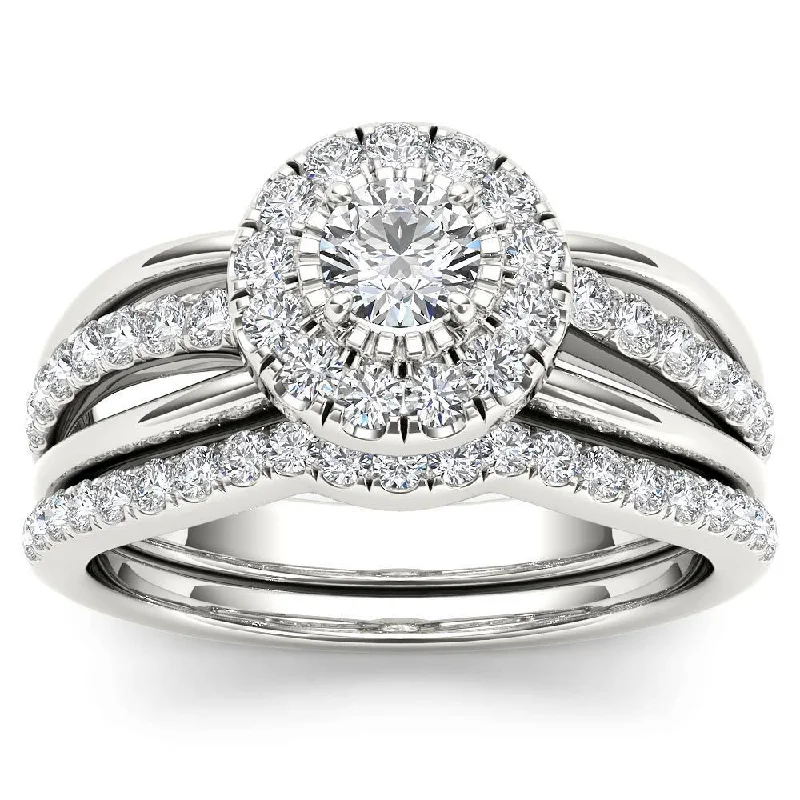 Cathedral - Style Engagement Rings with a Raised Center Stone and Intricate MetalworkDe Couer IGI Certified 14k White Gold 3/4ct TDW Diamond Halo Bridal Set - White H-I