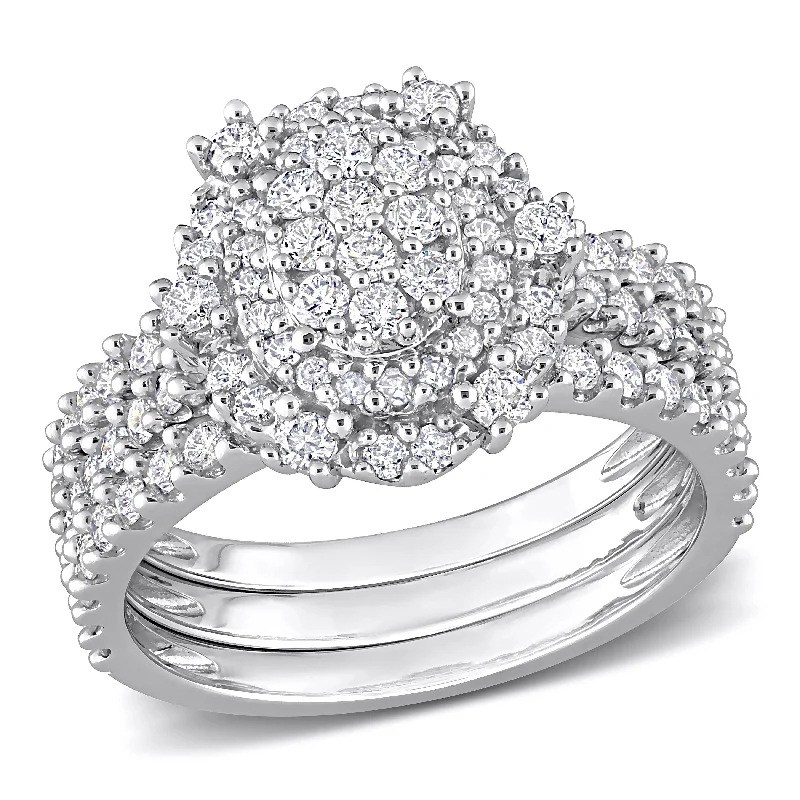 Classic Round Cut Engagement Rings with Platinum Prongs and Halo Setting for Timeless EleganceMiadora 1 1/2ct TW Diamond Double Halo Oval Shaped Cluster Bridal Set 10k White Gold