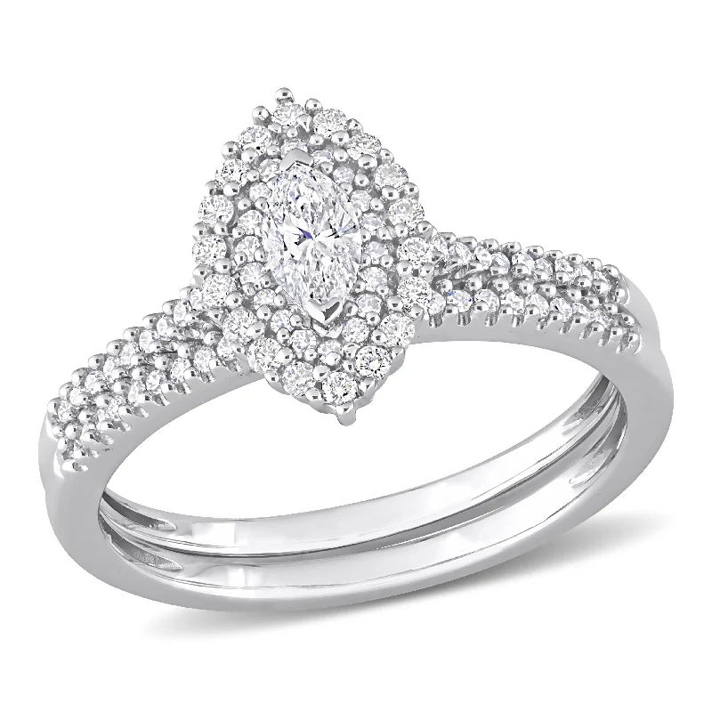 Three - Stone Engagement Rings Symbolizing Love's Past, Present, and Future with Asscher - Cut DiamondsMiadora 1/2ct TW Marquise Diamond Double Halo Cluster Bridal Set 14k White Gold