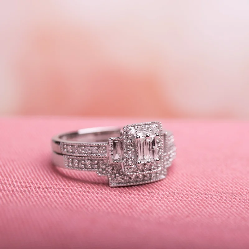 Art Deco Engagement Rings with Geometric Patterns and Baguette - Cut Diamond AccentsMiadora 10k White Gold 2/5ct TDW White Diamond Parallel Baguette Square Bridal Set