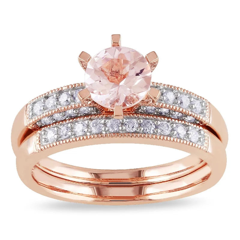 Classic Round Cut Engagement Rings with Platinum Prongs and Halo Setting for Timeless EleganceMiadora Morganite and 1/3ct TDW Diamond Bridal Set in 10k Rose Gold