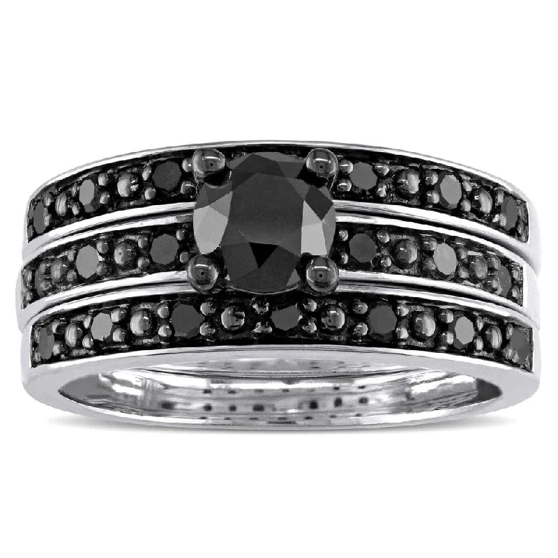 Cluster Engagement Rings with Multiple Small Diamonds Arranged in a Stunning DesignMiadora Sterling Silver 1 1/10ct TDW Black Diamond 3-Piece Bridal Set