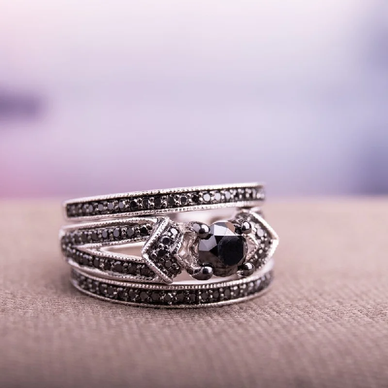Princess Cut Engagement Rings in 18K White Gold with Micro - Pave Side StonesMiadora Sterling Silver 1 1/4ct TDW Black Diamond Split Shank 3-Piece Bridal Set